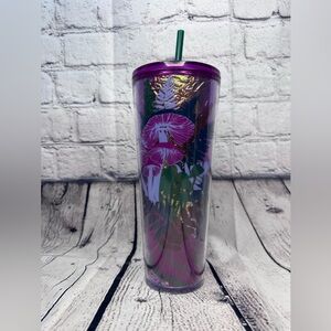 Starbucks Purple and Green Iridescent Foil Mushroom Tumbler with Straw